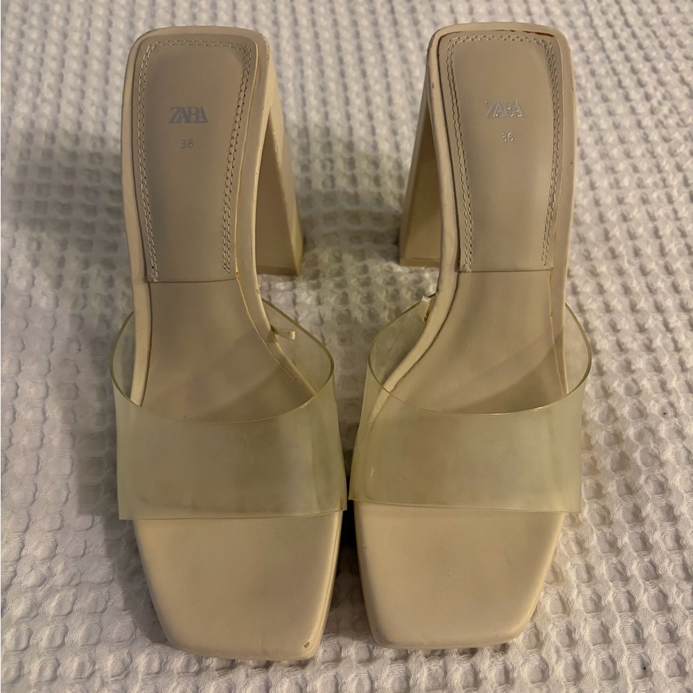 ZARA Cream Block Heel Slide Sandals with Clear Strap